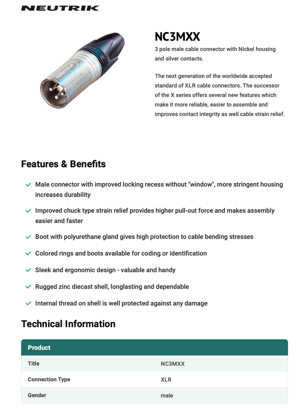 XLR MALE CONNECTOR - NEUTRIK - NC3MXX
