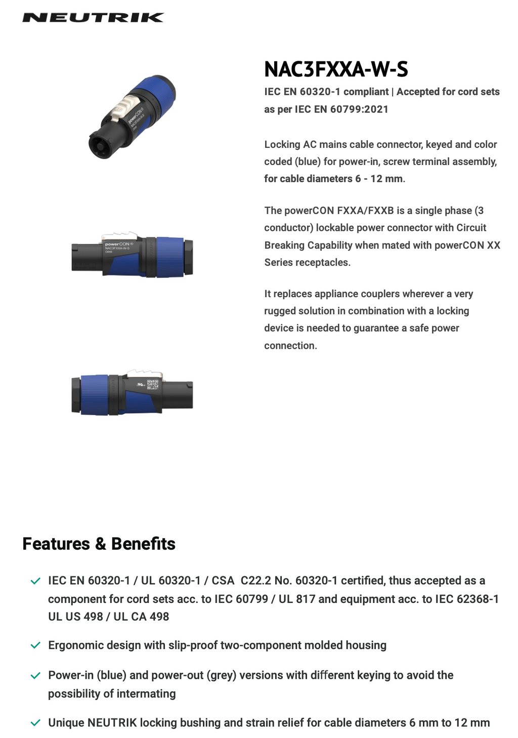 POWERCON BLUE CABLE TYPE - NEUTRIK - NAC3FXXA-W-S
