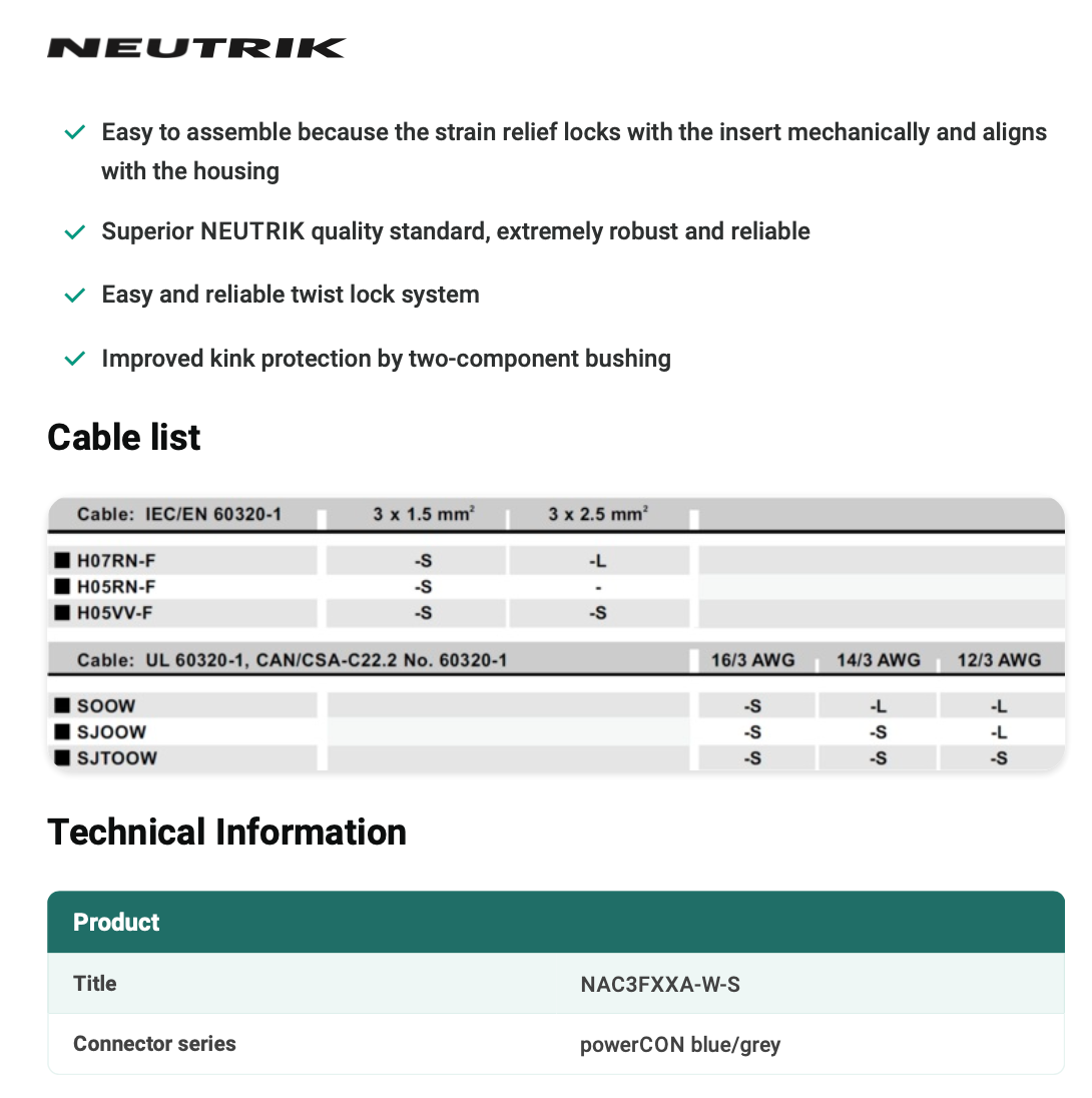 POWERCON BLUE CABLE TYPE - NEUTRIK - NAC3FXXA-W-S