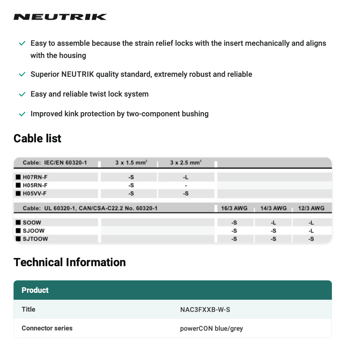 POWERCON WHITE CABLE TYPE - NEUTRIK - NAC3FXXB-W-S